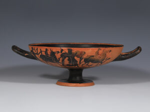 attic black figure kylix with pegasus and processional scenes of satyrs and maenads