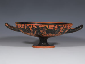 attic black figure kylix with pegasus and processional scenes of satyrs and maenads