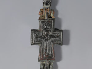 byzantine bronze enkolpion reliquary cross with crucified christ and mary orans 