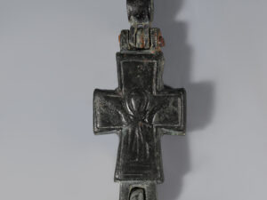 byzantine bronze enkolpion reliquary cross with crucified christ and mary orans 