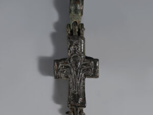 byzantine enkolpion reliquary cross with crucified christ and mary orans