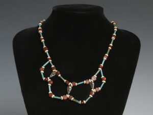 Egyptian Faience and Jasper Beaded Necklace with Gold and Onyx Pendants