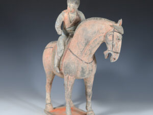 tang dynasty terracotta polo player with horse statuette